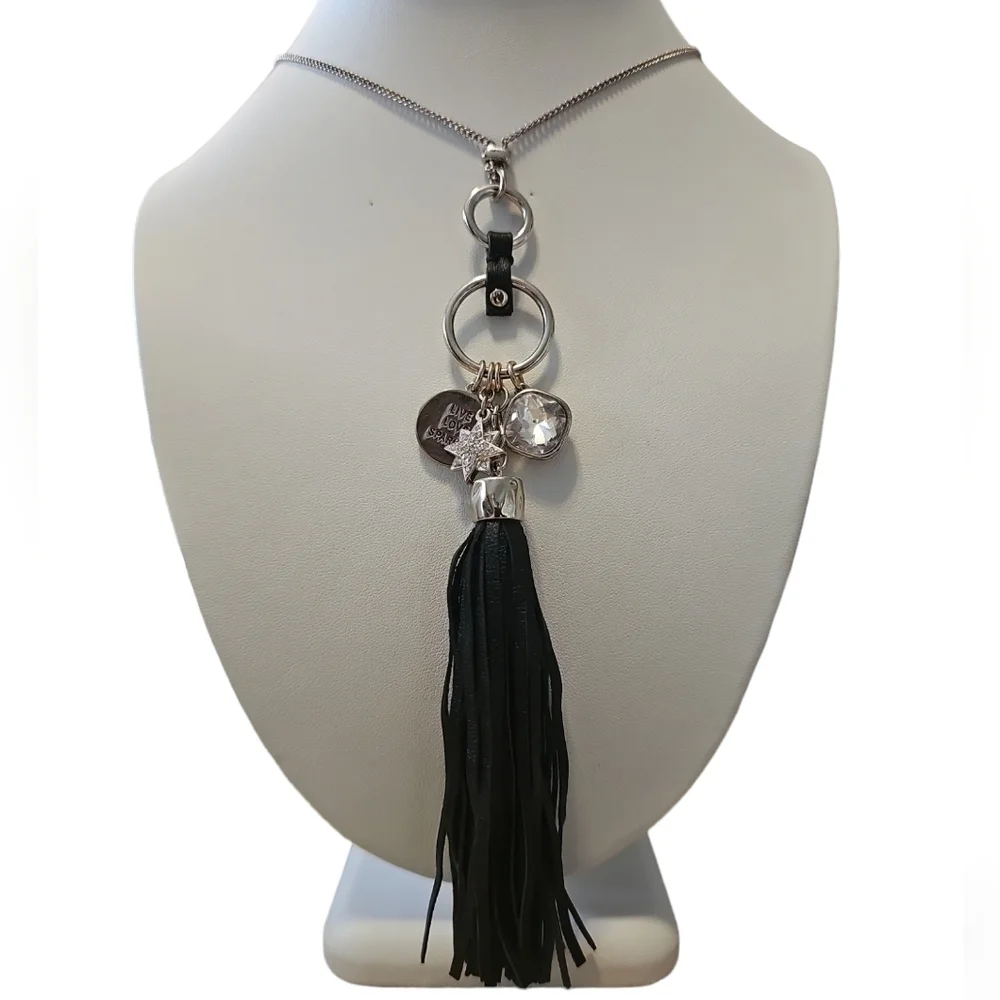 White House Black Market Tassel Charm Crystal Long Necklace